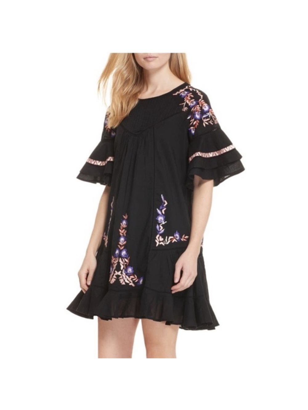Free People Black Pavlo Embroidered Dress with Purple & Blush Floral.
